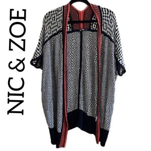 Nic+Zoe nautical orange, white and navy blue geometric crochet long open front